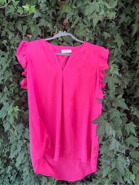 Zenana Outfitters Bright Pink Ruffle Sleeve V-Neck Blouse
